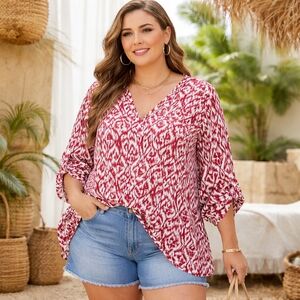 BloomChic Plus Size Red White Ikat Print Blouse | Boho V-Neck Roll Sleeve Tunic